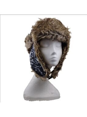 3M Thinsulate Black White Geometric Pattern Brown Faux Fur Detail Trapper Hat